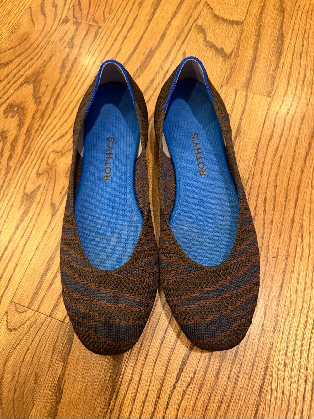 Rothy's The Square flats feature a sapphire and brown zebra print jacquard knit